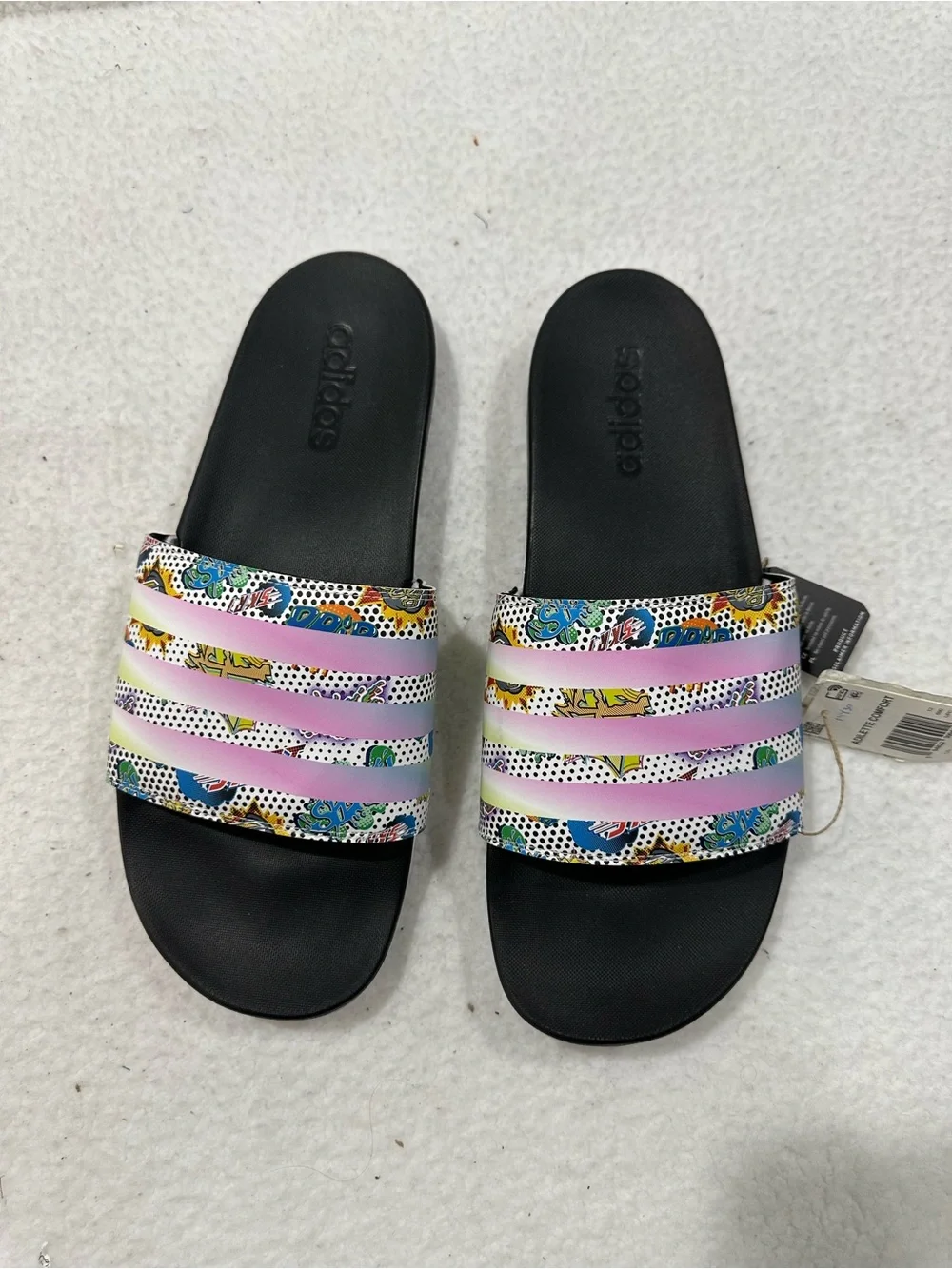 Adidas Black Slide Sandals with Pastel Multi-Color Strap